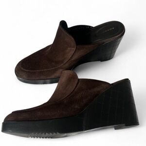 Robert Clergerie Paris Brown Suede Wedge Mules Size 7.5 Luxury Designer